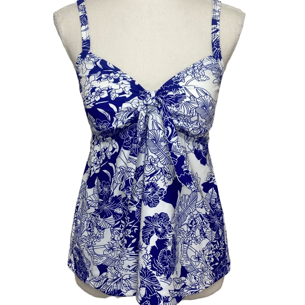 NWT Attracto Blue White Tankini Top 10 Adjustable Strap Tie Detail Floral